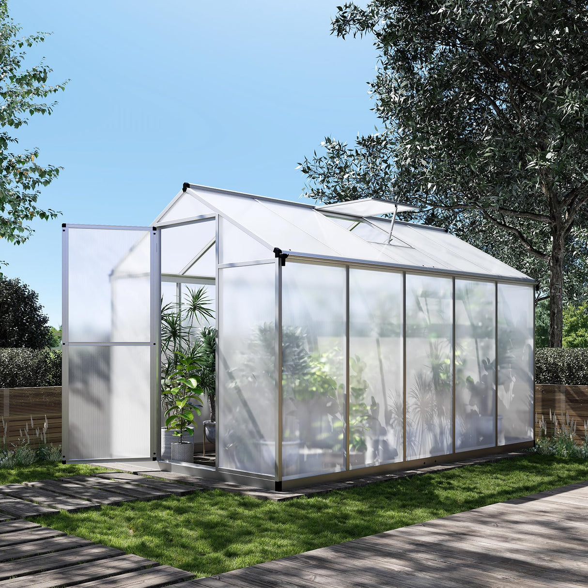 TROPOW 6.25 x 10 Ft Greenhouse for Outdoors with Quick Structure, Aluminum Alloy & Polycarbonate Green House with 24" x 23" Roof Windows Vent, Walk in Sunroom for Patio, Backyard, Garden,Silver TROPOW
