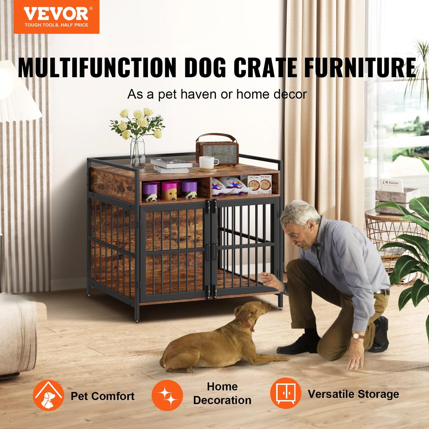 VEVOR Furniture Style Dog Crate with Storage, 41 inch Dog Crate Furniture Large Breed with Double Doors, Wooden Dog Cage for Large/Medium Dog Indoor, Hold up to 70 lbs, Rustic Brown - WoodArtSupply