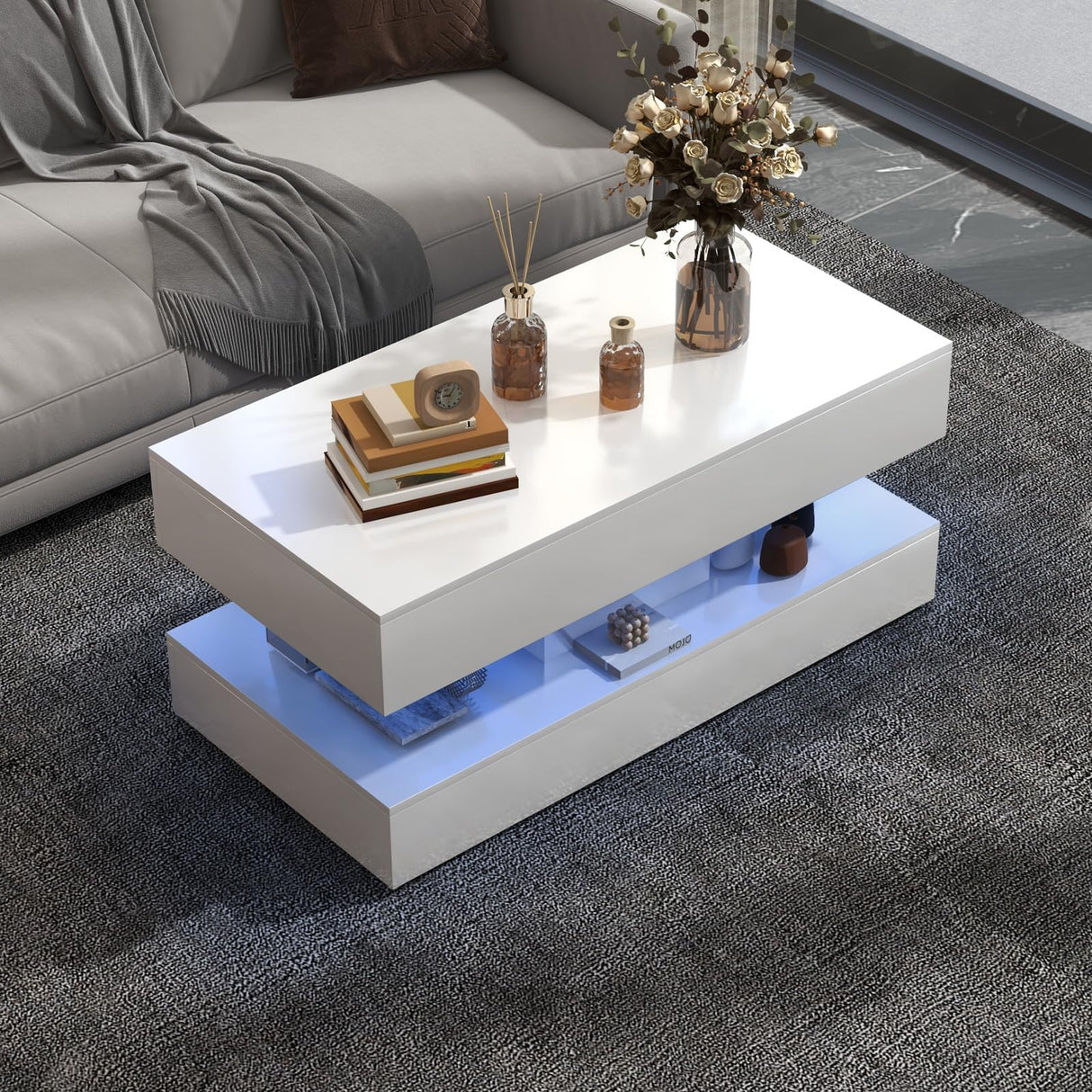 OC Orange-Casual LED Coffee Table with Storage, High Glossy Center Table with 2 Sliding Drawers, Modern Stylish Rectangle Coffee Table Double Layer with Open Display Shelf for Living Room (White) OC Orange-Casual