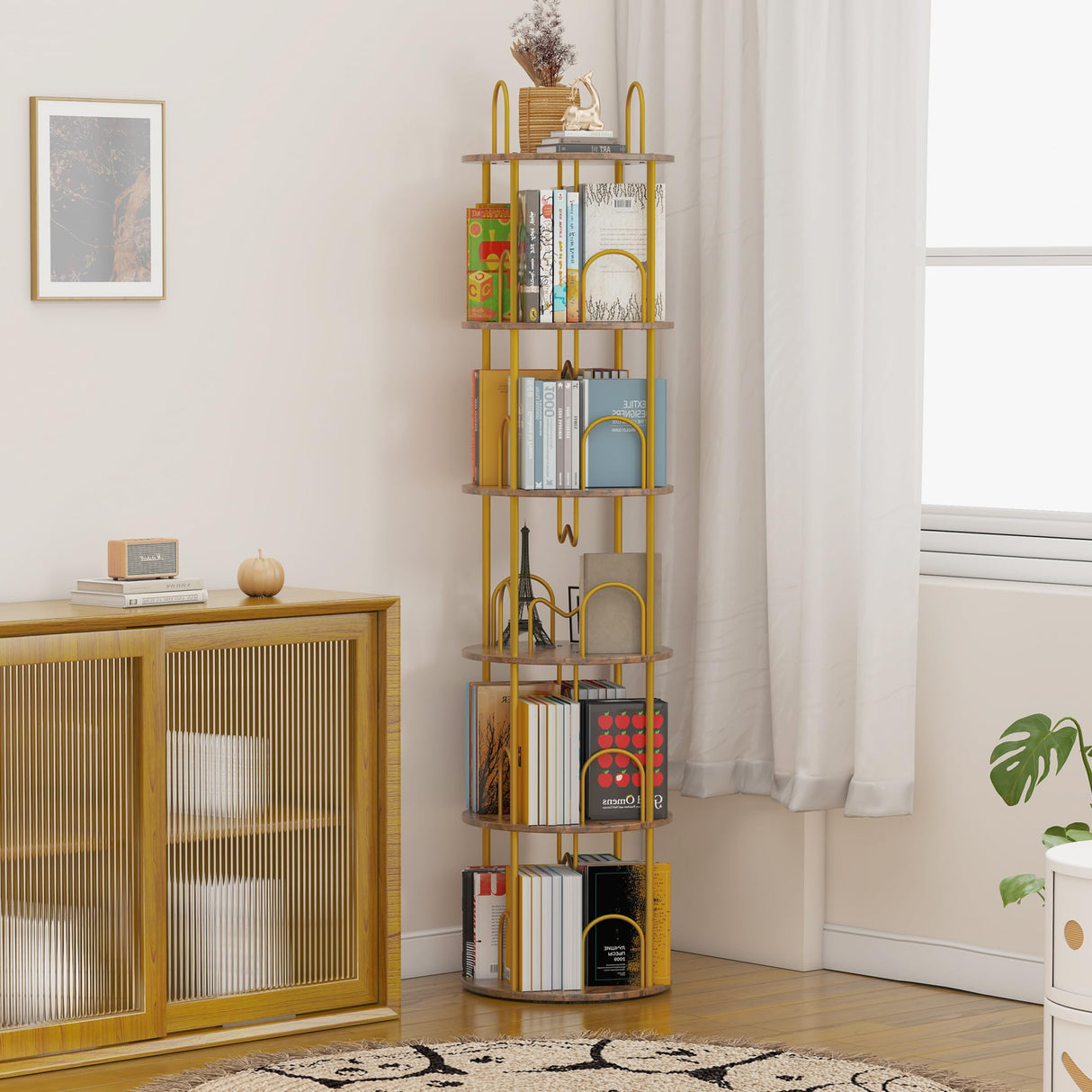 Merkisa 5 Tier Rotating Bookshelf, 360° Spinning Bookshelf Tower, Narrow Corner Book Shelf, Revolving Bookcase Corner Tall Book Shelf for Small Spaces, Bedroom, Living Room, Gold Merkisa