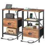 sthmec Nightstands Set of 2, Night Stands with Charging Station and Fabric Drawer, Bedside Tables with Storage, 2- Tier Side Table with Open Shelf, Nightstands with Charging Station,Rustic Brown sthmec
