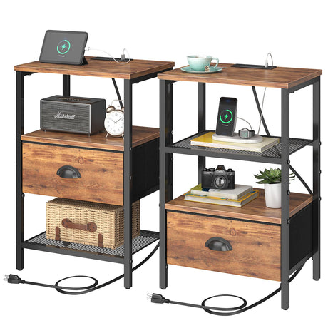 sthmec Nightstands Set of 2, Night Stands with Charging Station and Fabric Drawer, Bedside Tables with Storage, 2- Tier Side Table with Open Shelf, Nightstands with Charging Station,Rustic Brown sthmec