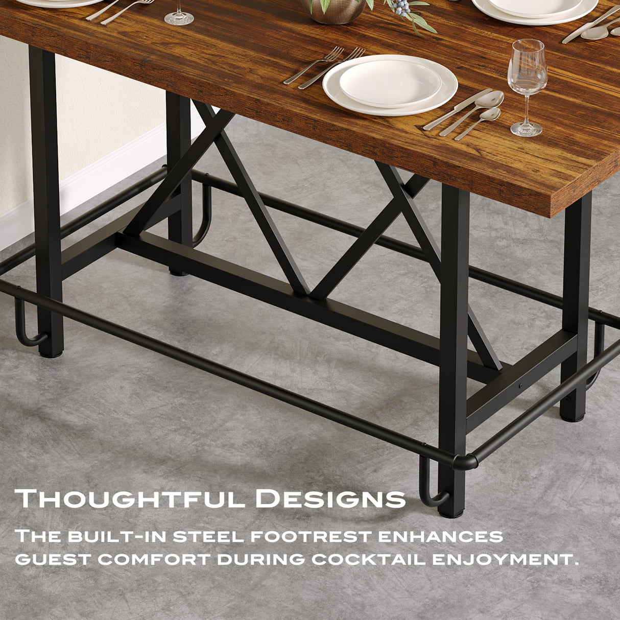 Tribesigns Bar Table, Industrial Counter Height Pub Table with Metal Footrest, 63-Inch Rectangle Wood Kitchen Dining Table with Sturdy Metal Frame for Dining Room, Home Bar (Brown) Tribesigns