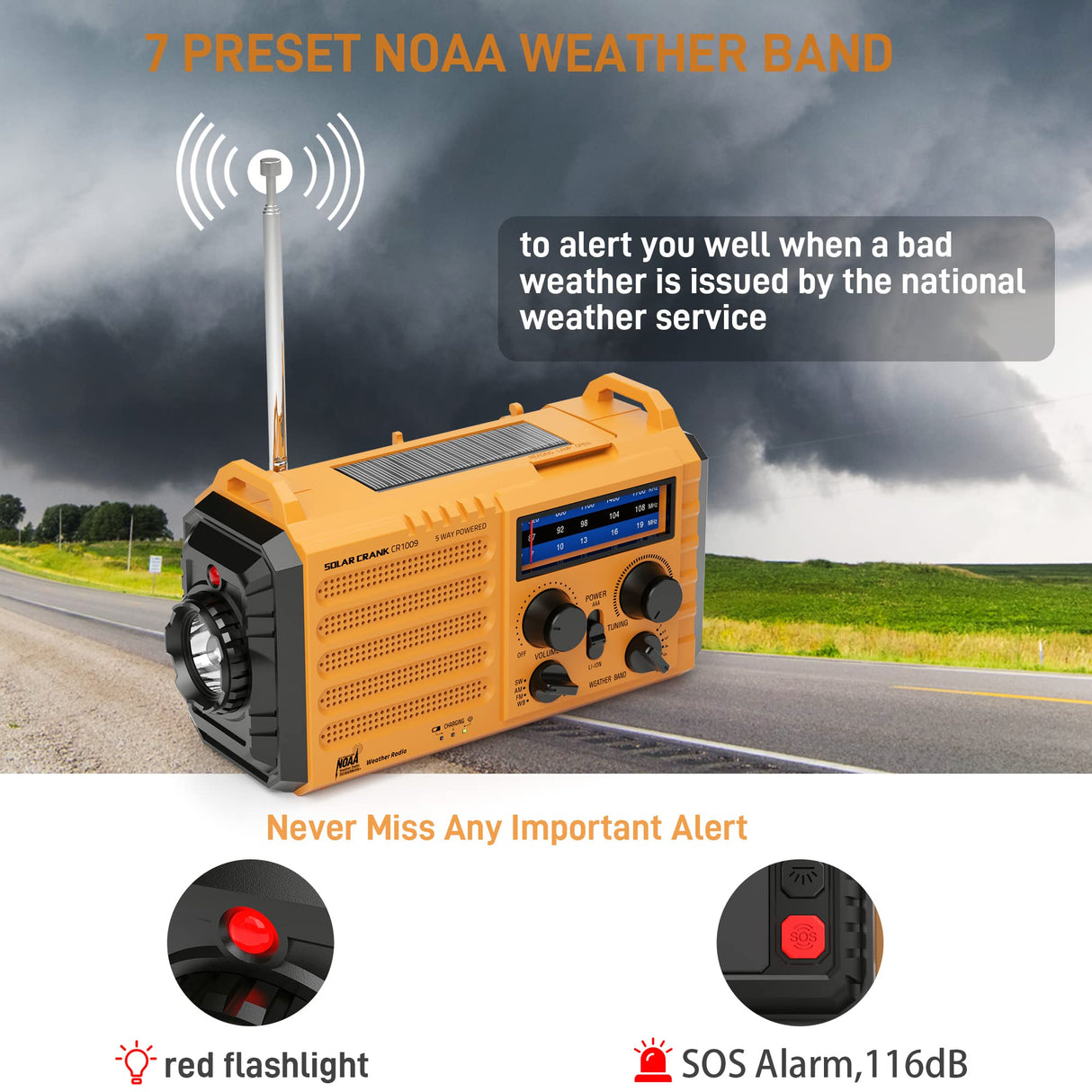Emergency Radio with NOAA Weather Alert, Portable Solar Hand Crank AM/FM Radio for Survival,Rechargeable Battery Powered Radio,USB Charger,Flashlight,Reading Lamp,for Home Outdoor Eoxsmile