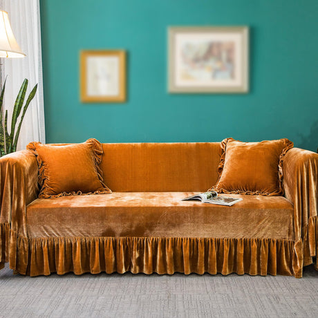 Velvet Sofa Cover Soft Decorative Luxurious Solid Exquisite Ruffle Trim,Retro Farmhouse Vintage Sofa Slipcover Couch Furniture Protector for 2-3 Cushion Sofa for Living Room 1PC 71x134IN Golden Camel GLORY SEASON