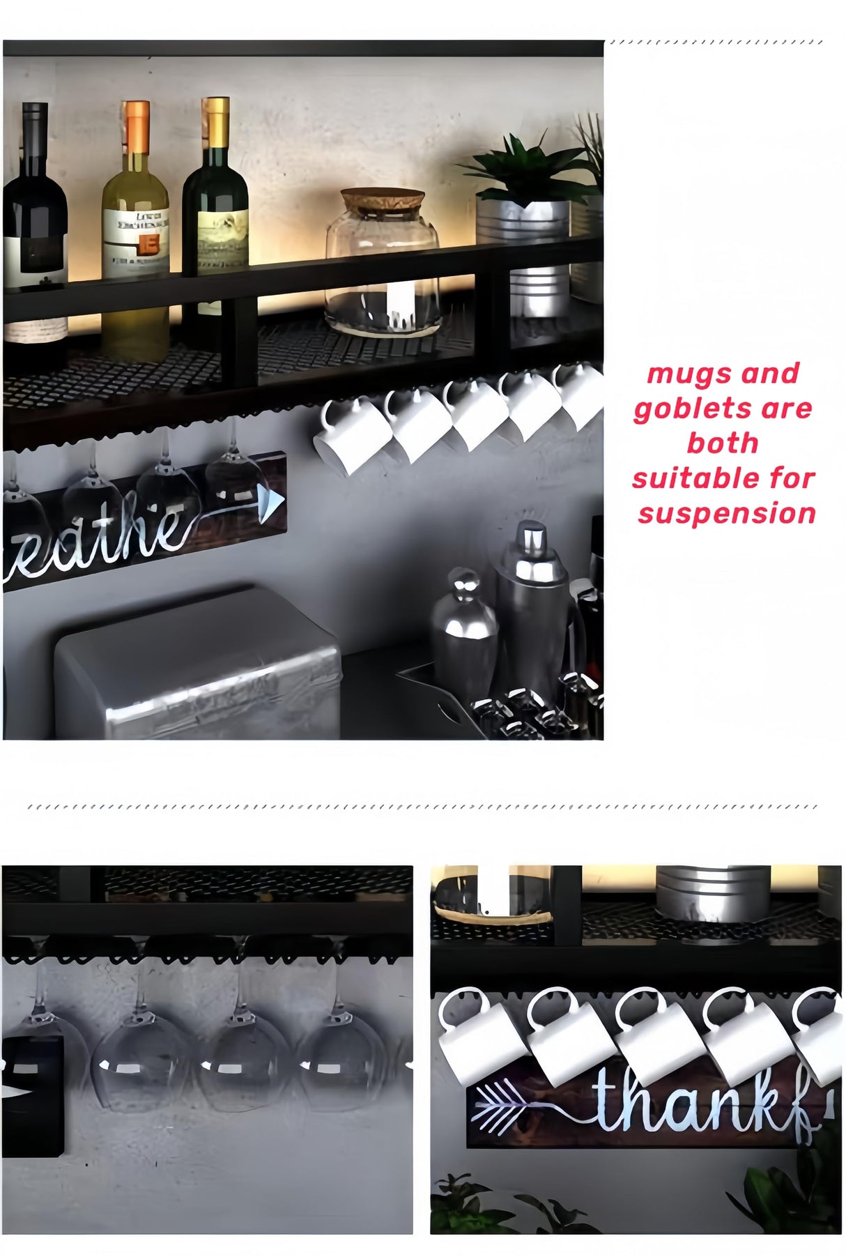 PIKYsailed 31 Inch Metal Wine Rack Wall Mounted, Bar Shelves Wall Mounted with LED Light, Large 3-Tier Liquor Bar Display Shelf with Hang Mugs and Wine Glasses for Home Bars & Kitchen, Black PIKYsailed