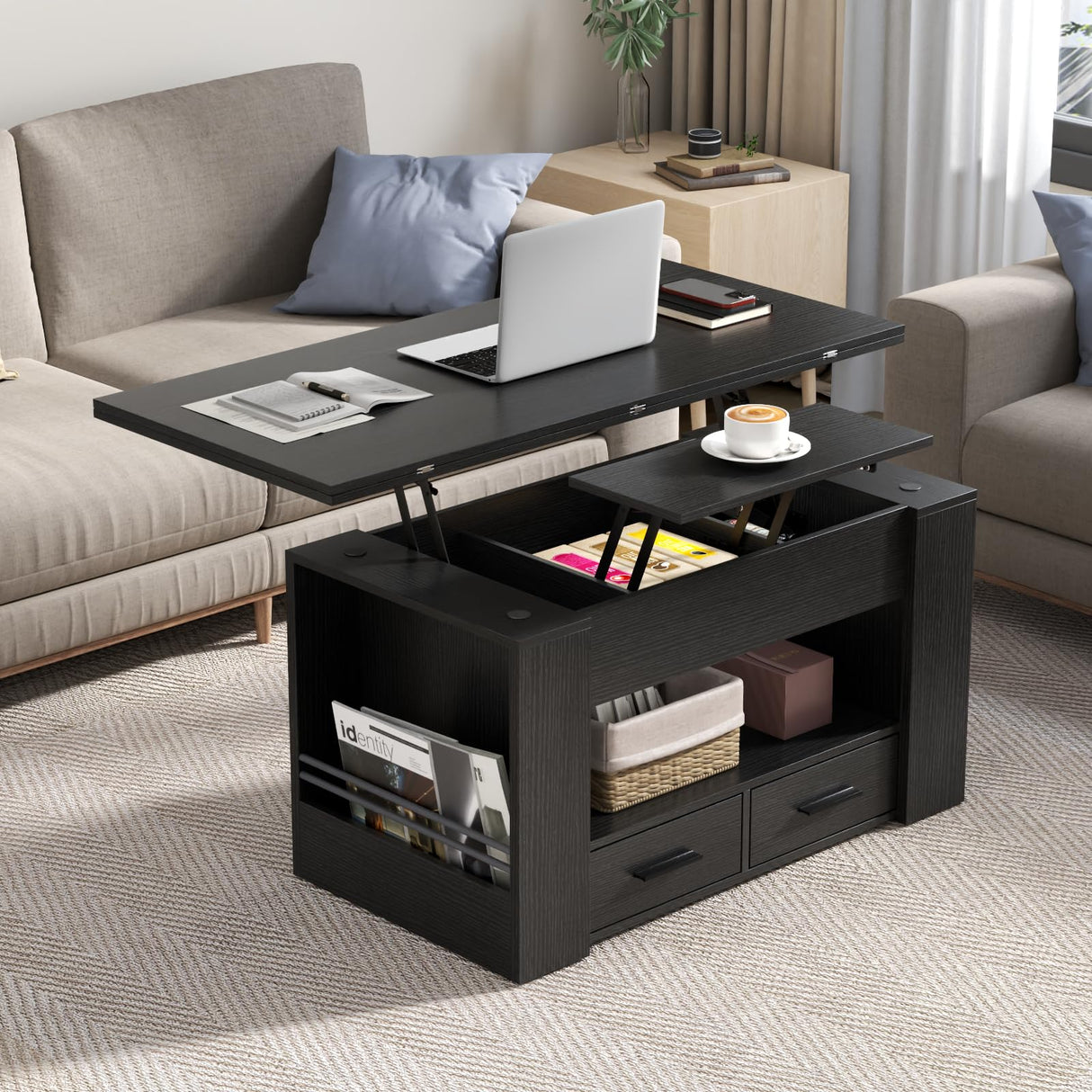 Lift Top Coffee Table, 4 in 1 Multi-Function Coffee Table with Storage Shelf and Hidden Compartment, Center Table with Large Drawers, Converts to Dining Table for Living Room, Home Office (Black) Gyfimoie