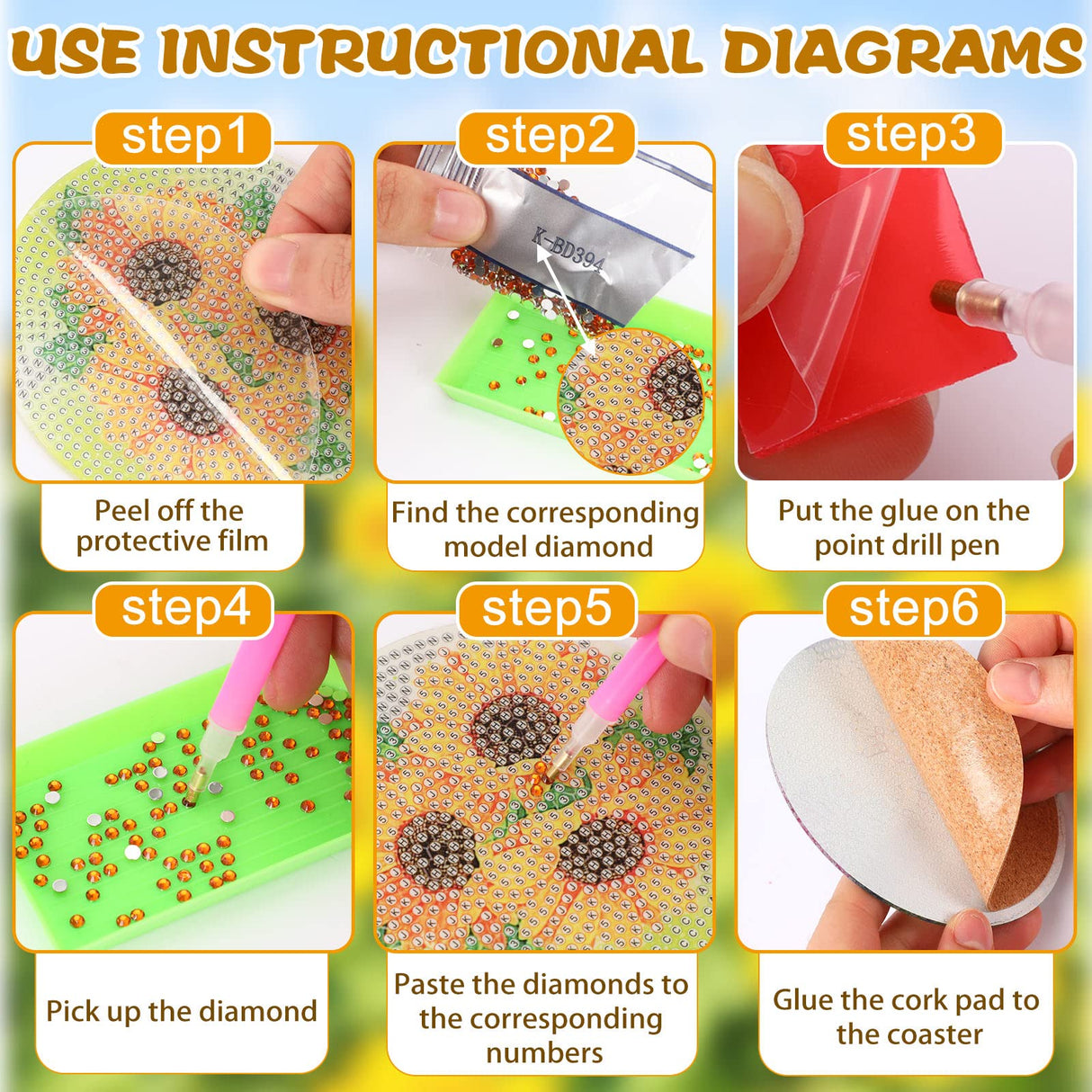 UPINS 8Pcs Sunflower Diamond Art Painting Coasters for Drinks DIY Coaster Diamond Art Kits for Adults Diamond Art Craft Supplies (Sunflower) UPINS