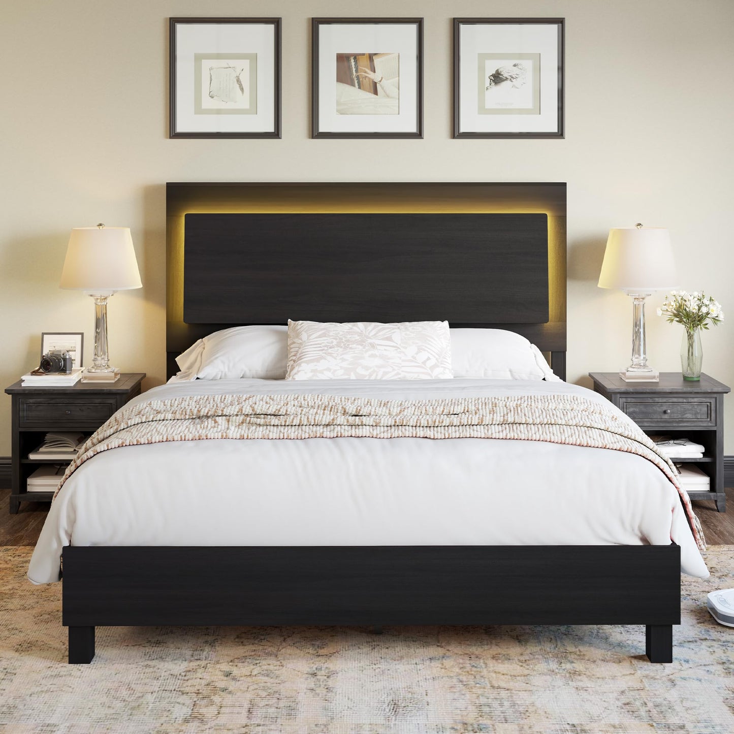 AMERLIFE Rustic Black Full Bed Frame with LED Headboard – Stylish Platform Design, Mattress Foundation with Wooden Slats - WoodArtSupply