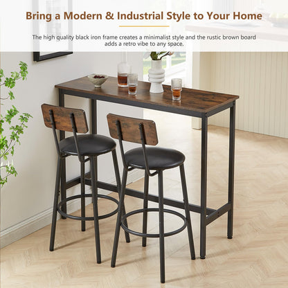 Tatub Industrial Bar Table and 2 Stools Set with PU Upholstery, Rustic Brown Finish