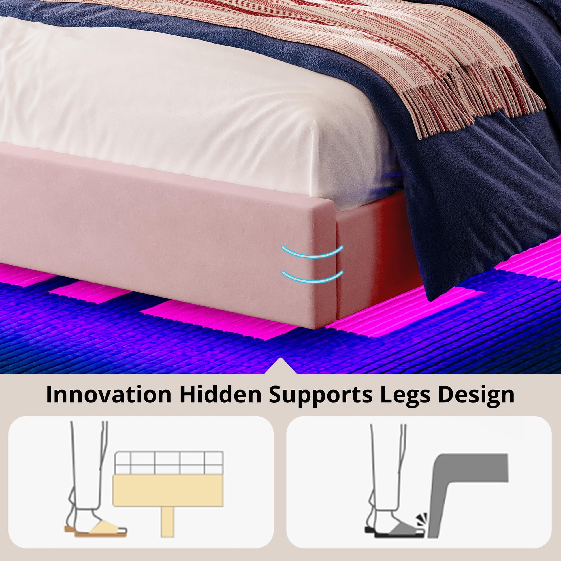 LIKIMIO Pink Floating Bed Frame King with Cat Ear Headboard and LED Lights - WoodArtSupply