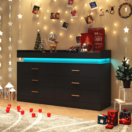 Hlivelood 6 Drawer Dresser with LED Light, Modern Chest of Drawers for Closet, Wide Drawer Organizer Cabinet for Bedroom, Living Room, Entryway, Hallway(Black) Hlivelood