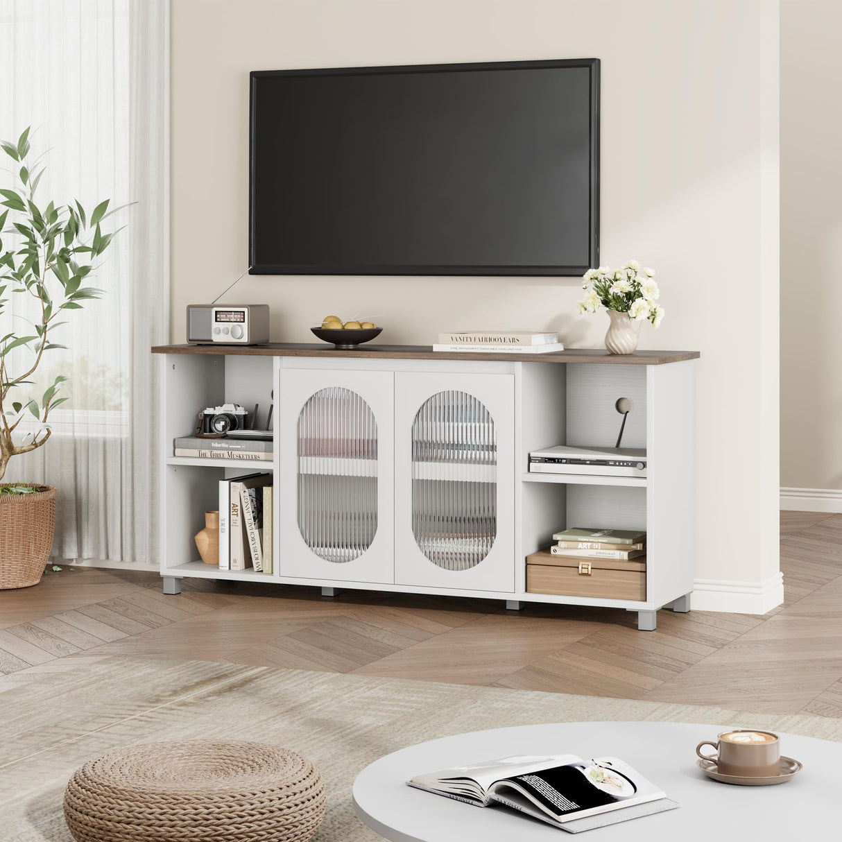 IDEALHOUSE 70 Inch TV Stand, Rustic Entertainment Center with Corrugated Glass Cabinet Doors, Media Console with Open Shelves, TV Stands for Living Room - White & Dark Brown IDEALHOUSE