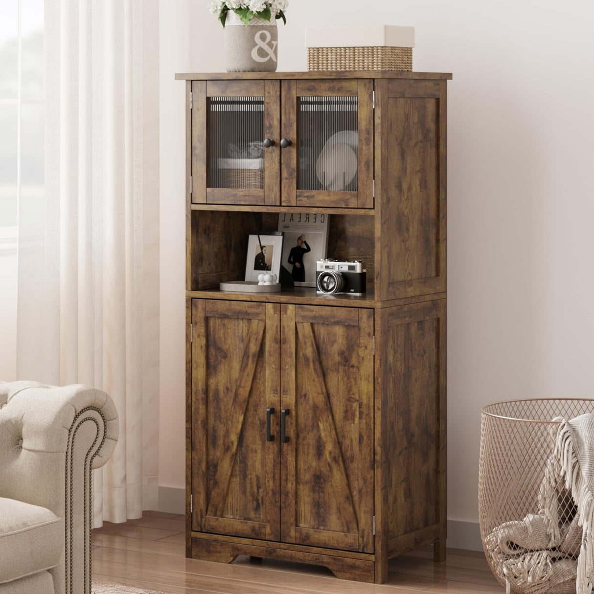 IDEALHOUSE Bathroom Storage Cabinet, Freestanding Floor Linen Storage Cabinet with Doors and Shelves, Wooden Kitchen Pantry Storage Cabinet, Cupboard, Storage Cabinet for Living Room,Rustic Brown IDEALHOUSE