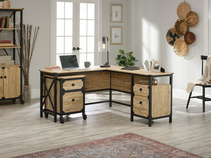 Sauder Steel River L-Shaped Desk, L: 59.84" x W: 57.32" x H: 29.53", Milled Mesquite Finish - WoodArtSupply