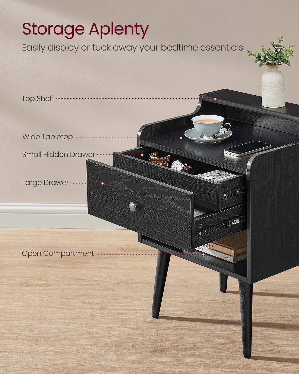 VASAGLE Nightstands, Set of 2, Bedside Tables with Hidden Drawers, Mid-Century End Tables, Ebony Black VASAGLE