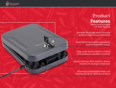 Hornady Portable Lock Box for Guns and Valuables - Includes 2 Keys and 4 Foot Steel Cable - Thick 16 Gauge Steel - An Ideal Portable Car Lock Box or Truck Safe - Large, Black, 9.5 x 6.5 x 1.75 Inches Hornady