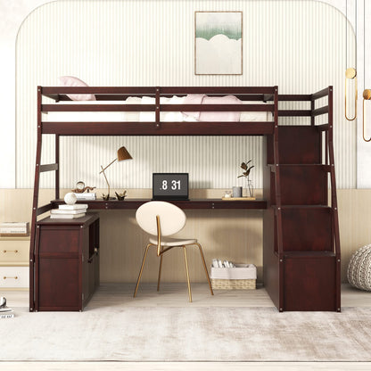 Twin Loft Bed with Stairs and Desk by Harper & Bright Designs - Solid Wood Frame with 7 Drawers & 2 Shelves in Espresso