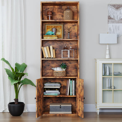 Stunning 6-Tier Brown Wooden Bookcase with Elegant Cabinet Doors by oneinmil - WoodArtSupply