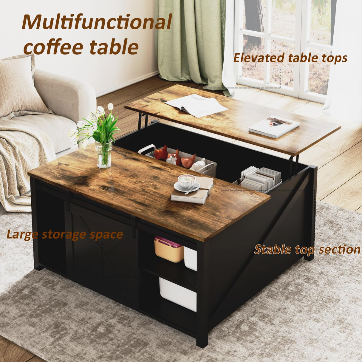 VENDORZ 31" Lift Top Coffee Table with Storage, Black Coffee Table with Lifting Top for Living Room, Farmhouse Coffee Table with Large Hidden Storage Compartment, Living Room Wood Rustic Table VENDORZ