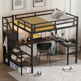 Full XL Size Metal Loft Bed with Desk and Wardrobe,Heavy Duty Loft Bed Frame with Storage Stairs,LED Loft Bed Full XL with Charging Station, Space Saving Loft Bed Full XL for Kids,Teens,Adults,Black Bellemave
