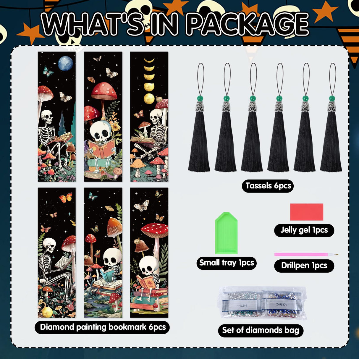 Sitsink Diamond Art Bookmarks Kit - Funny Book Lover Skull Boho Mystic Mushroom Diamond Painting Kits Bookmarks Gem Art Rhinstone DIY Crafts Kit for Adults Sitsink