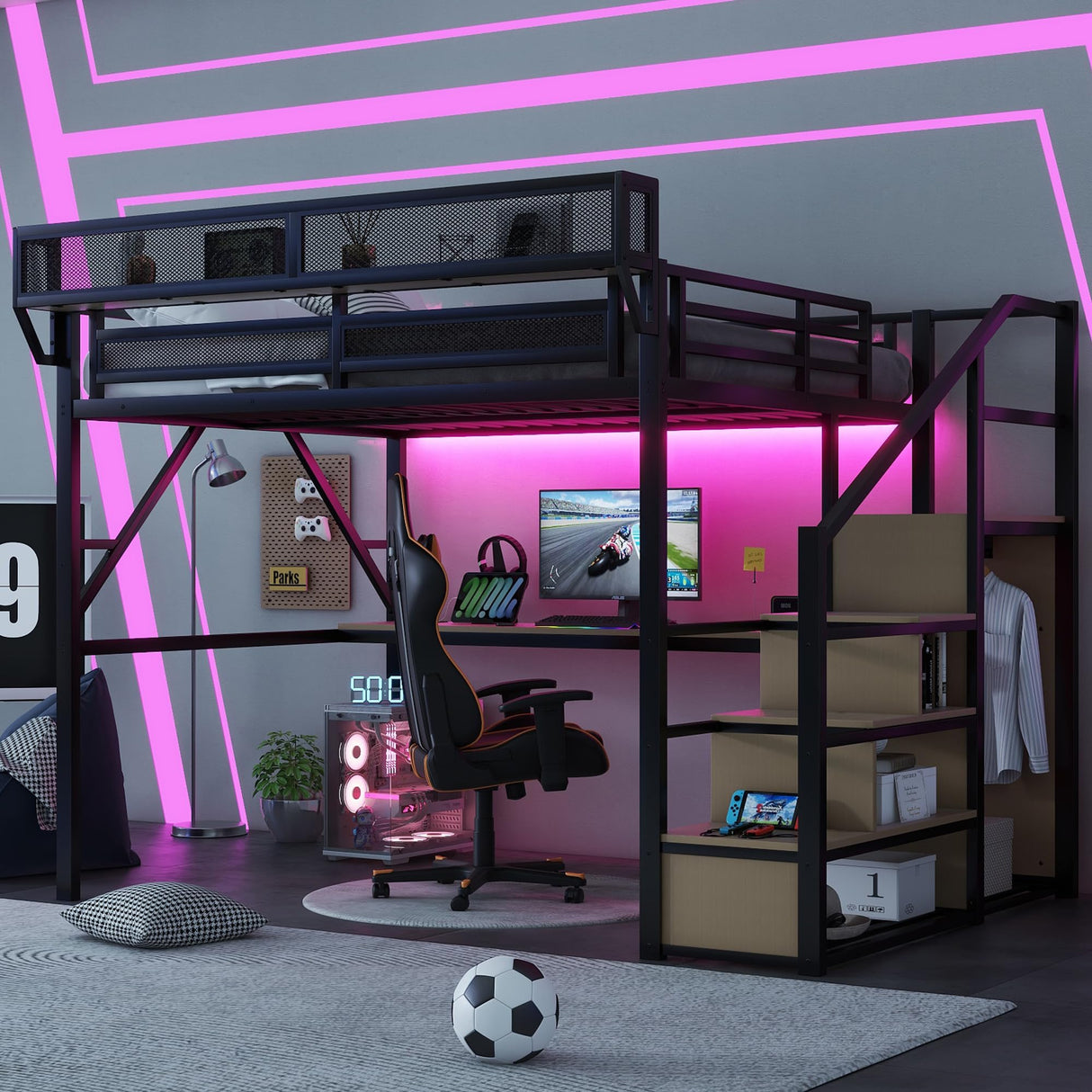 Queen Size Gaming Loft Bed with Stairs and Desk, Metal Loft Bed Frame with Bedside Shelf and Light, Heavy-Duty Adults Lofts Beds with Storage Wardrobe & Charging Station, Black Aurnienofus