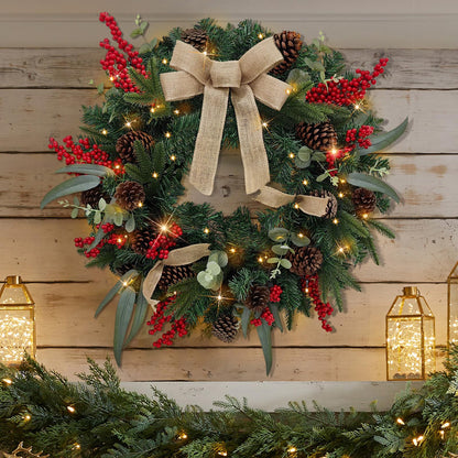 28’’ Pre-Lit Artificial Christmas Wreath, Battery Operated 35 LED Lights with Leaves, Red Berries, Natural Pine Cones, and a Linen Bow for Front Door, Xmas Wreath for Holiday Christmas Decorations