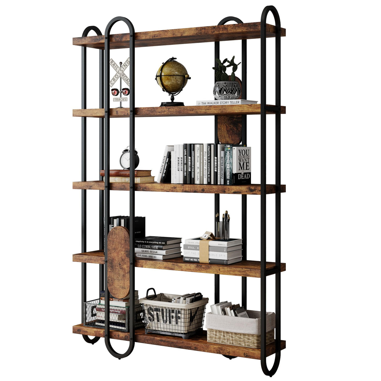 FUSUNBAO 5-Tier Wooden and Metal Frame Bookshelf,Vintage Industrial Modern Style Tall Bookcase，74 "H x 12 "W x 47" L,Rustic Large Wooden Shelf，Display Shelf for Home Office FUSUNBAO