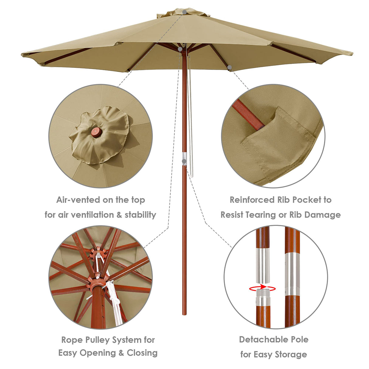 Yescom 9ft Tan Wooden Outdoor Patio Table Umbrella with Pulley Market Garden Yard Beach Deck Cafe Decor Sunshade Yescom