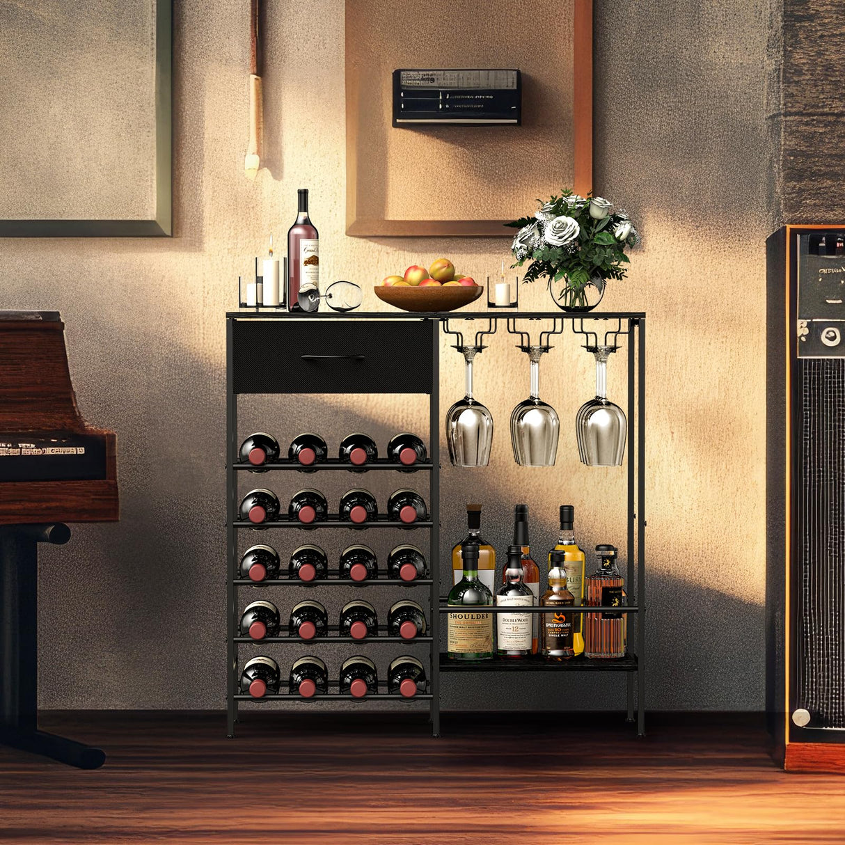 MOOACE Wine Rack Freestanding Floor, Wine Bar Cabinet with Wine Storage and Glass Holder, Mini Home Bar for Liquor Cabinet, Coffee Bar Storage for Kitchen, Dining Room, Living Room, Black MOOACE