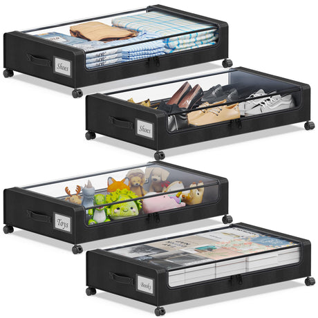YAASHEEN Under Bed Storage with Wheels, 4-Pack Under the Bed Storage Containers with Clear Lids & Label, Underbed Storage Bins, XXL 60L Rolling Metal Drawer for Clothes, Shoes, Toys, Books - Black YAASHEEN