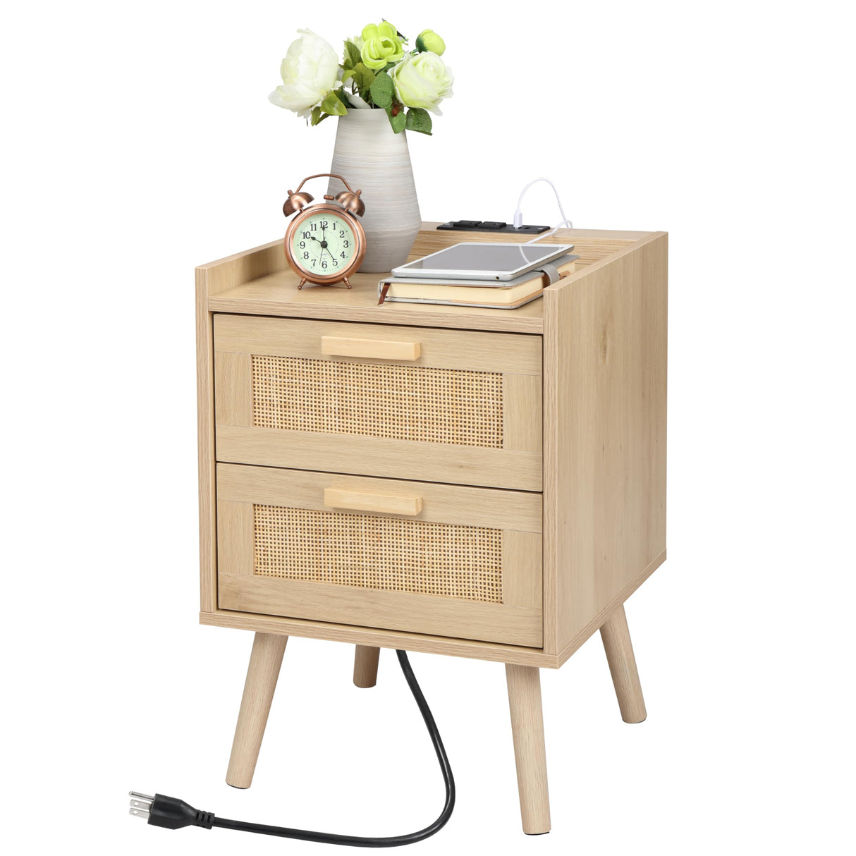 Finnhomy Nightstand with Charging Station, Bedside Table with 2 Hand Made Rattan Decorated Drawers, Night Stand with Storage for Bedroom, Natural Finnhomy