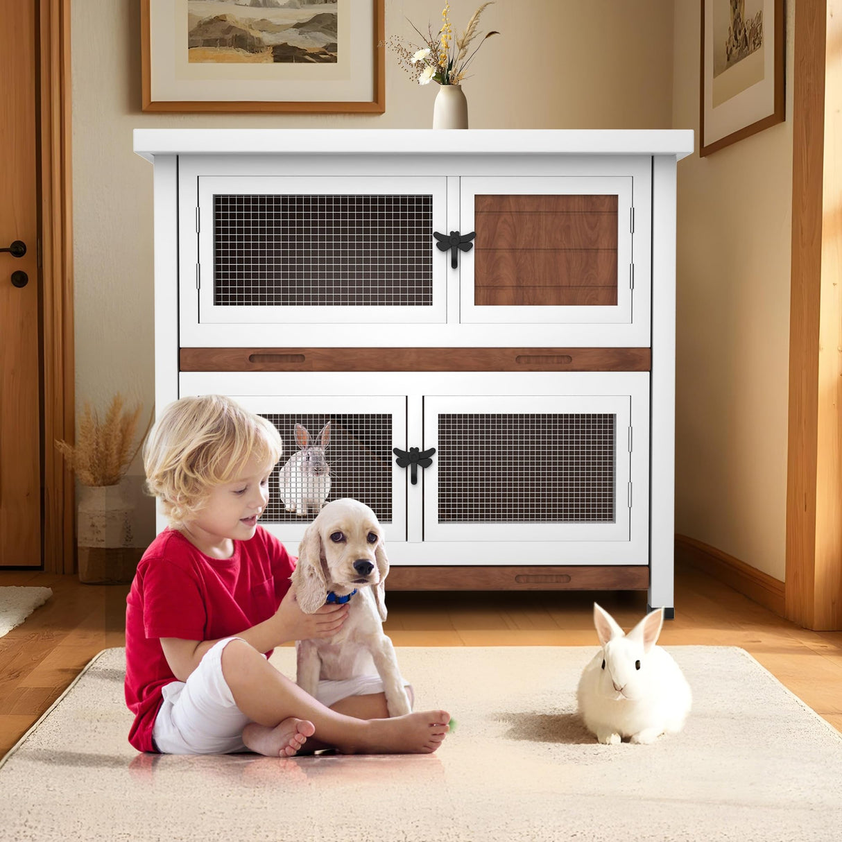 2 Story Rabbit Hutch, Indoor Outdoor Bunny Hutch Solid Wood Rabbit Cage with Removable Trays, Waterproof Asphalt Roofs and Ventilation Door, Small Animal House for Rabbit Guinea Pig Ferret, Walnut AMZOSS