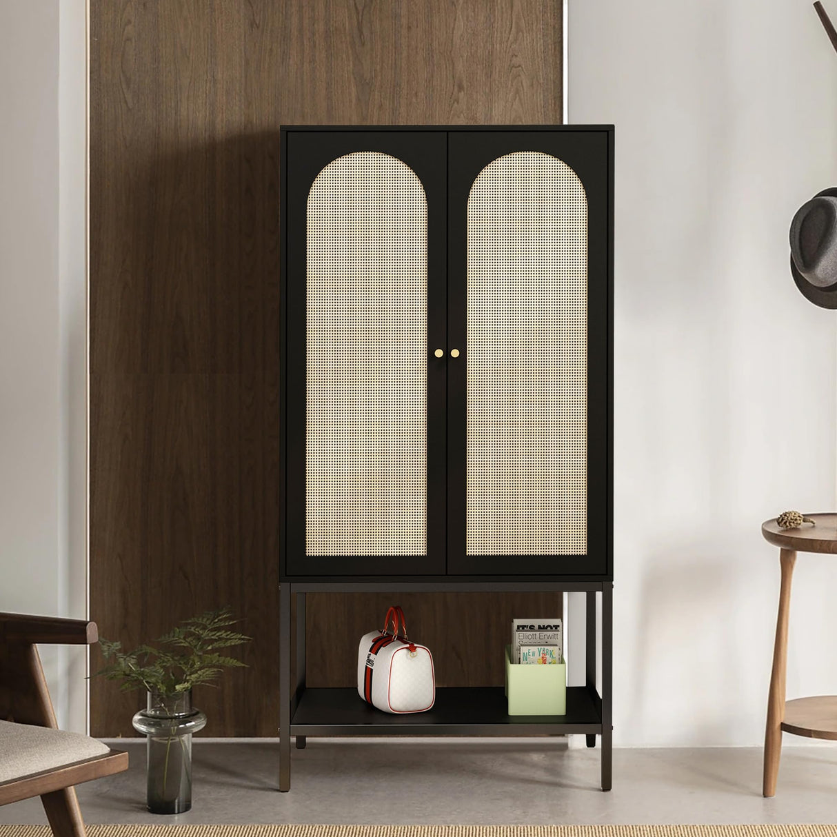 UHMUVFM Wardrobe Closet with 2 Doors, Rattan Wardrobe Cabinet with Shelves and Hanging Rail for Clothes, Bedroom Independent Wardrobe Closet (Black) UHMUVFM