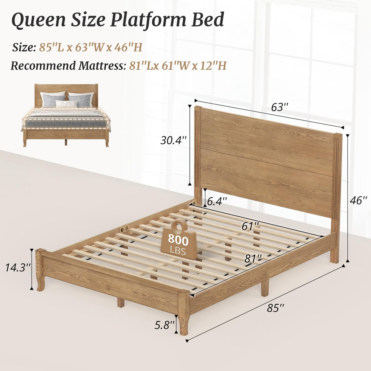 Cozyman Queen Size Solid Oak Wood Bed Frame with Headboard - No Box Spring Required, 800Lb Capacity, Easy Assembly in Dark Oak Cozyman