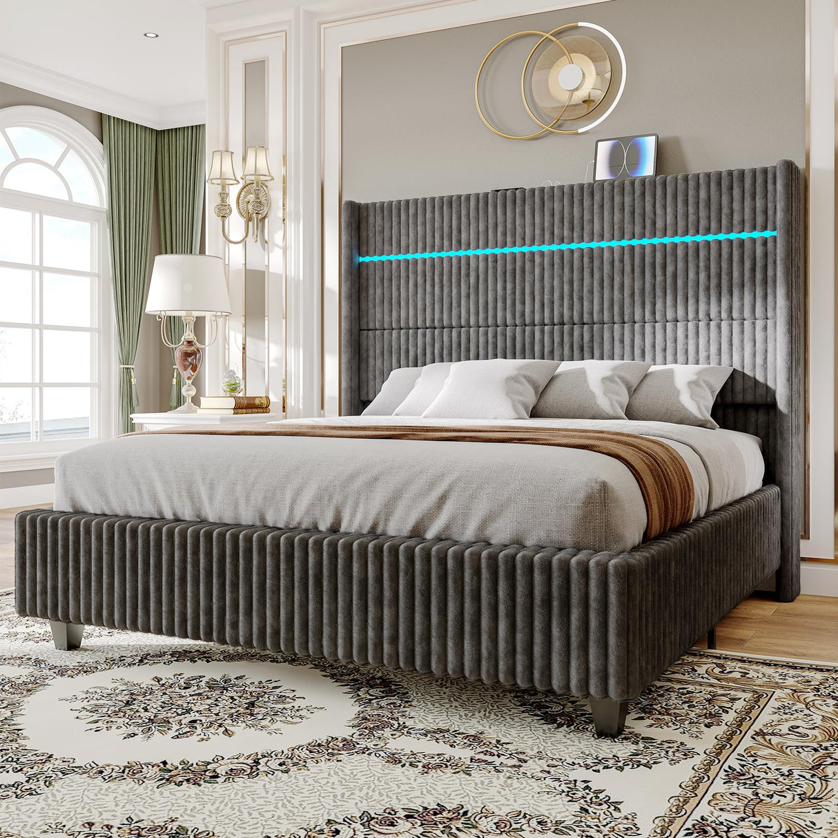 Jocisland 60" Tall King Bed Frame with LED Lights, Corduroy Upholstered Platform Bed Frame with Wingback Headboard and Charging Station/No Box Spring Needed/Grey Jocisland