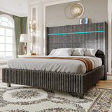 Jocisland 60" Tall King Bed Frame with LED Lights, Corduroy Upholstered Platform Bed Frame with Wingback Headboard and Charging Station/No Box Spring Needed/Grey Jocisland