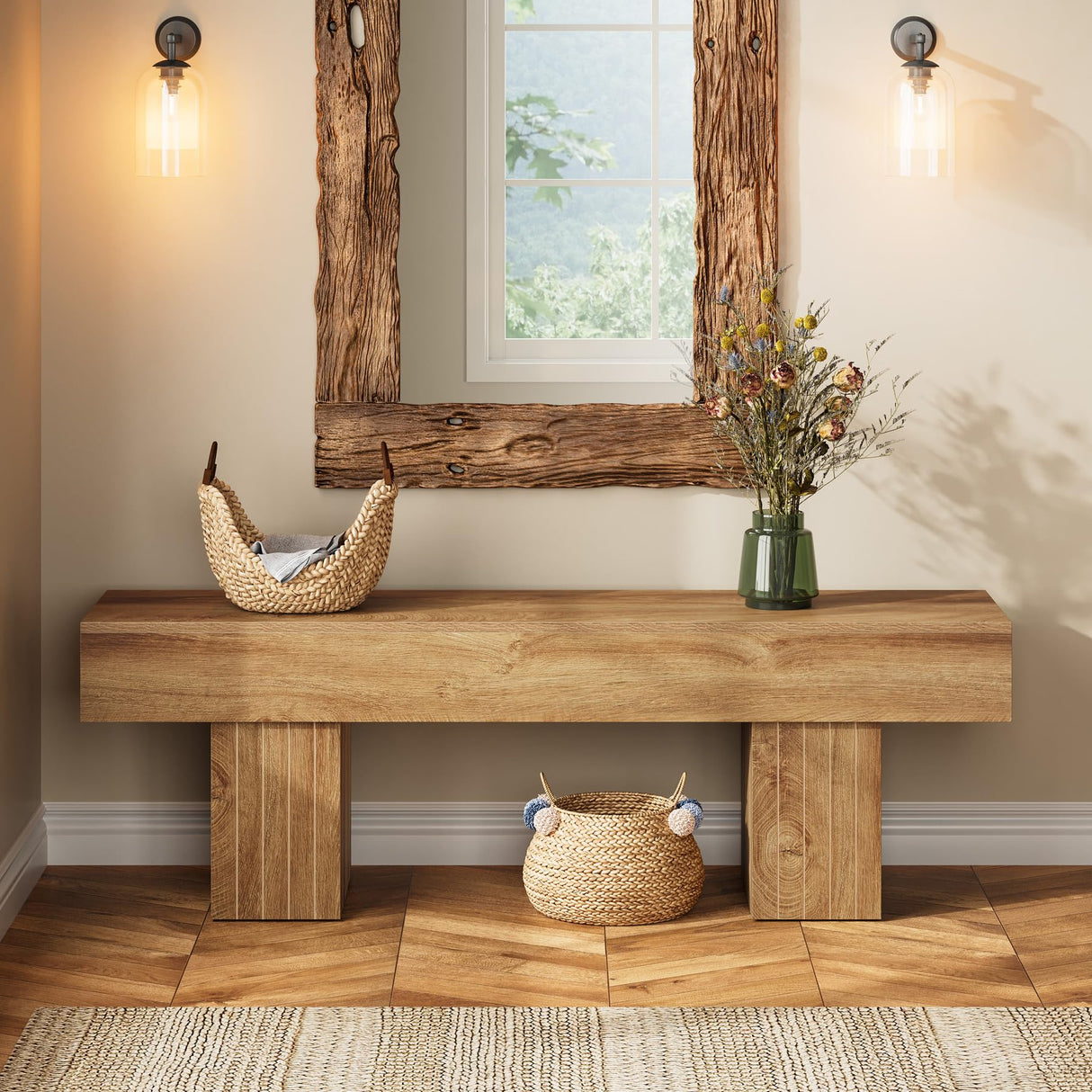 Tribesigns 55" Entryway Bench, Farmhouse Wooden End of Bed Bench, Long Dining Bench, Indoor Bench for Bedroom, Hallway, Dining Room, Mudroom, Light Brown Tribesigns