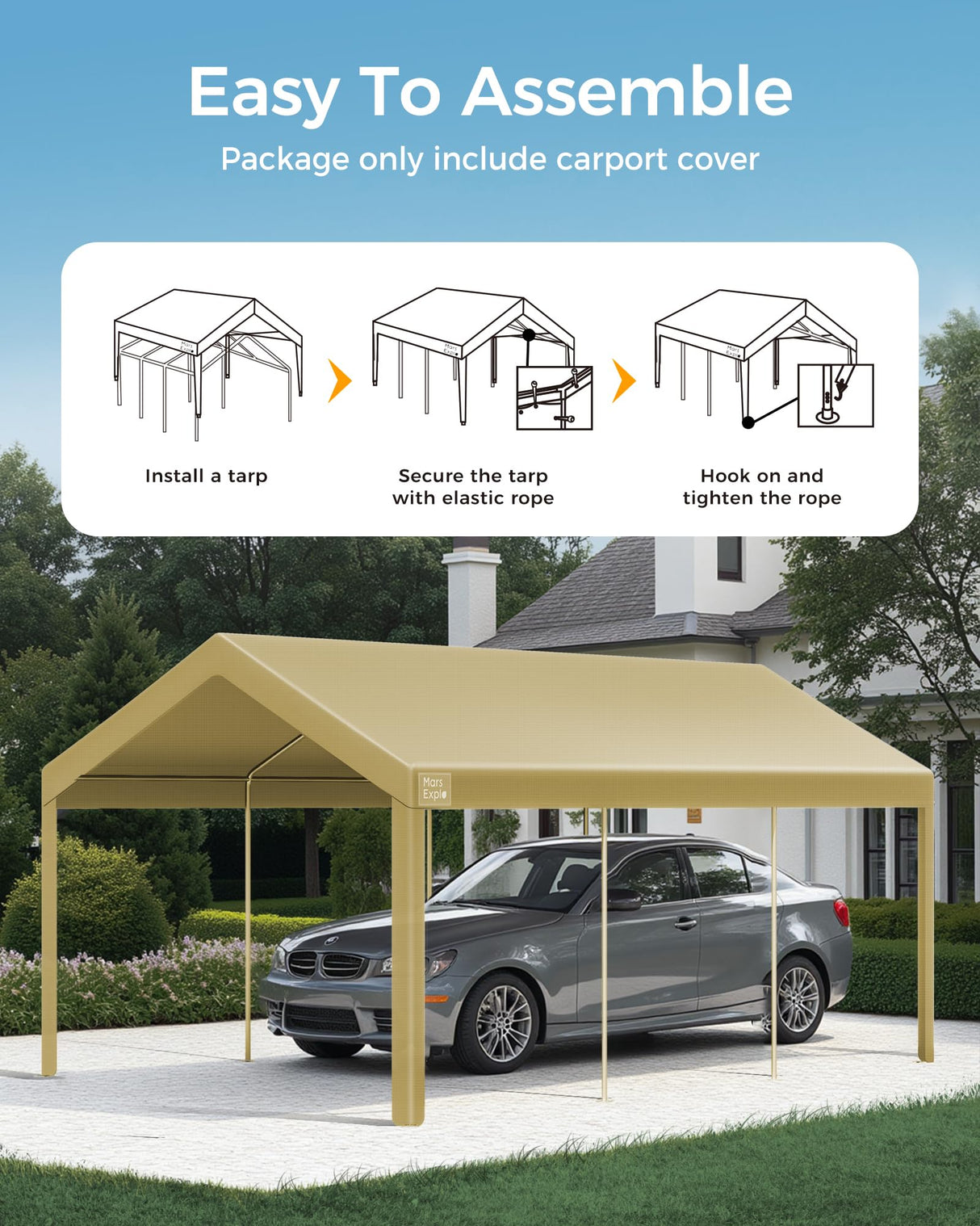 12x20 FT Heavy Duty Carport Replacement Canopy Cover, Durable Waterproof Garage Shelter Top, Car Tent for Outdoor Use, with Ball Bungees for Secure (Beige) Mars Explo