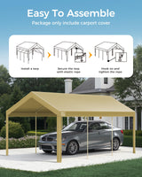 12x20 FT Heavy Duty Carport Replacement Canopy Cover, Durable Waterproof Garage Shelter Top, Car Tent for Outdoor Use, with Ball Bungees for Secure (Beige) Mars Explo