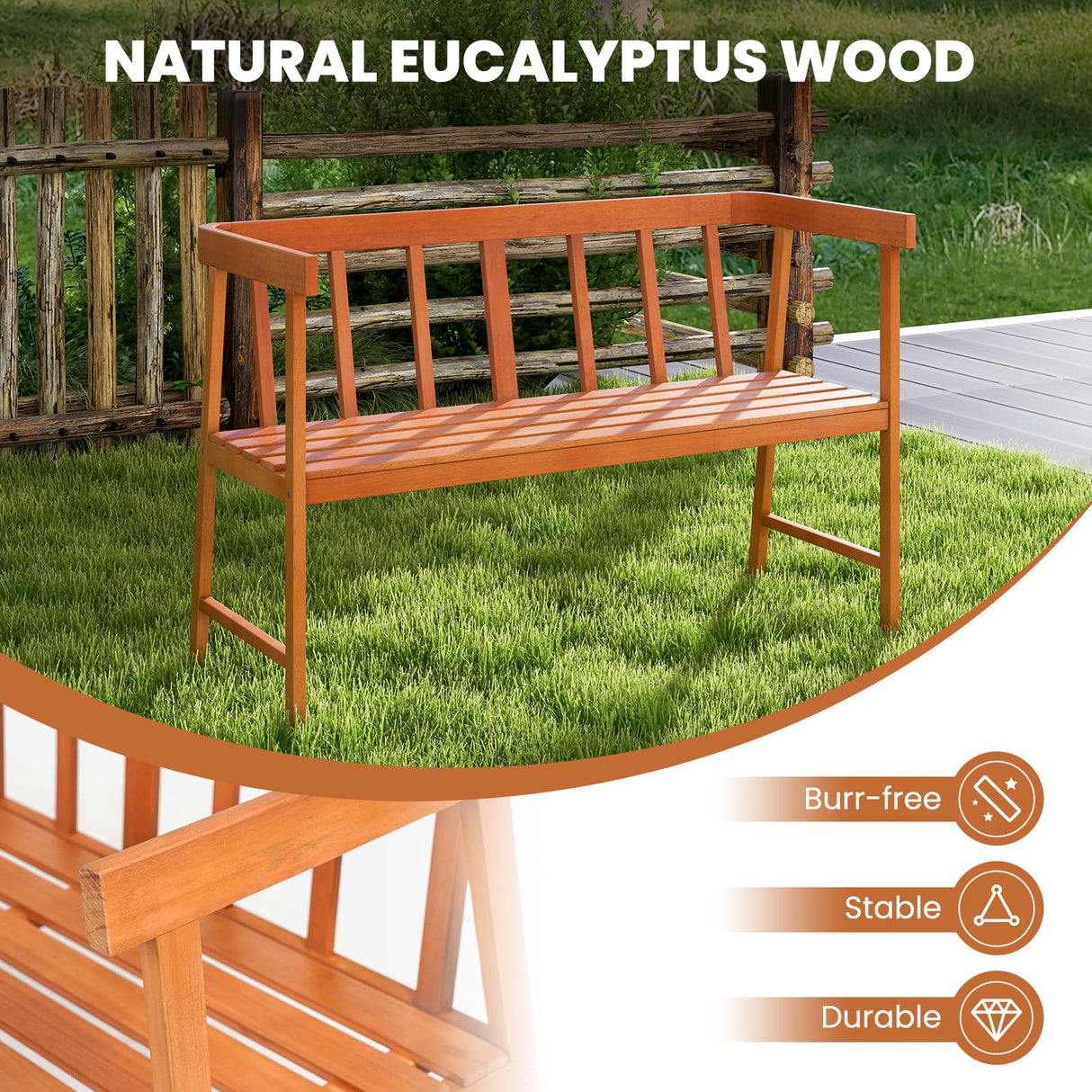 Tangkula Outdoor Eucalyptus Wood Bench, 2-Person Garden Bench with Backrest and Armrests, Garden Bench with Slatted Seat for Porch, Park, Backyard, 800 Lbs Max Load, 43” L x 18” W x 28” H, Natural Tangkula