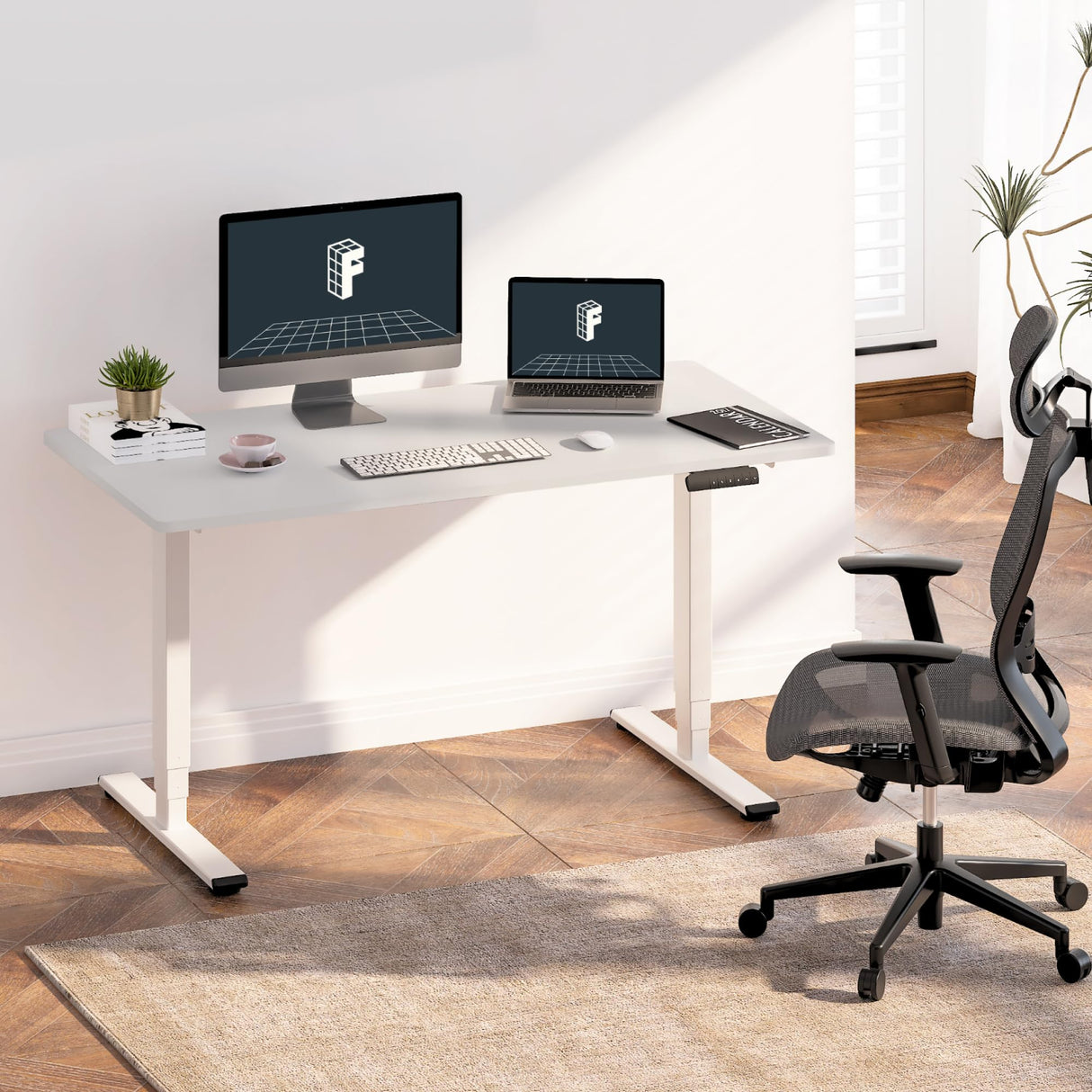 FLEXISPOT E6 Essential 3 Stages Dual Motor Electric Standing Desk 48x24 Inch Whole-Piece Board Height Adjustable Desk Electric Sit Stand Desk(White Frame + White Desktop, 2 Packages) FLEXISPOT
