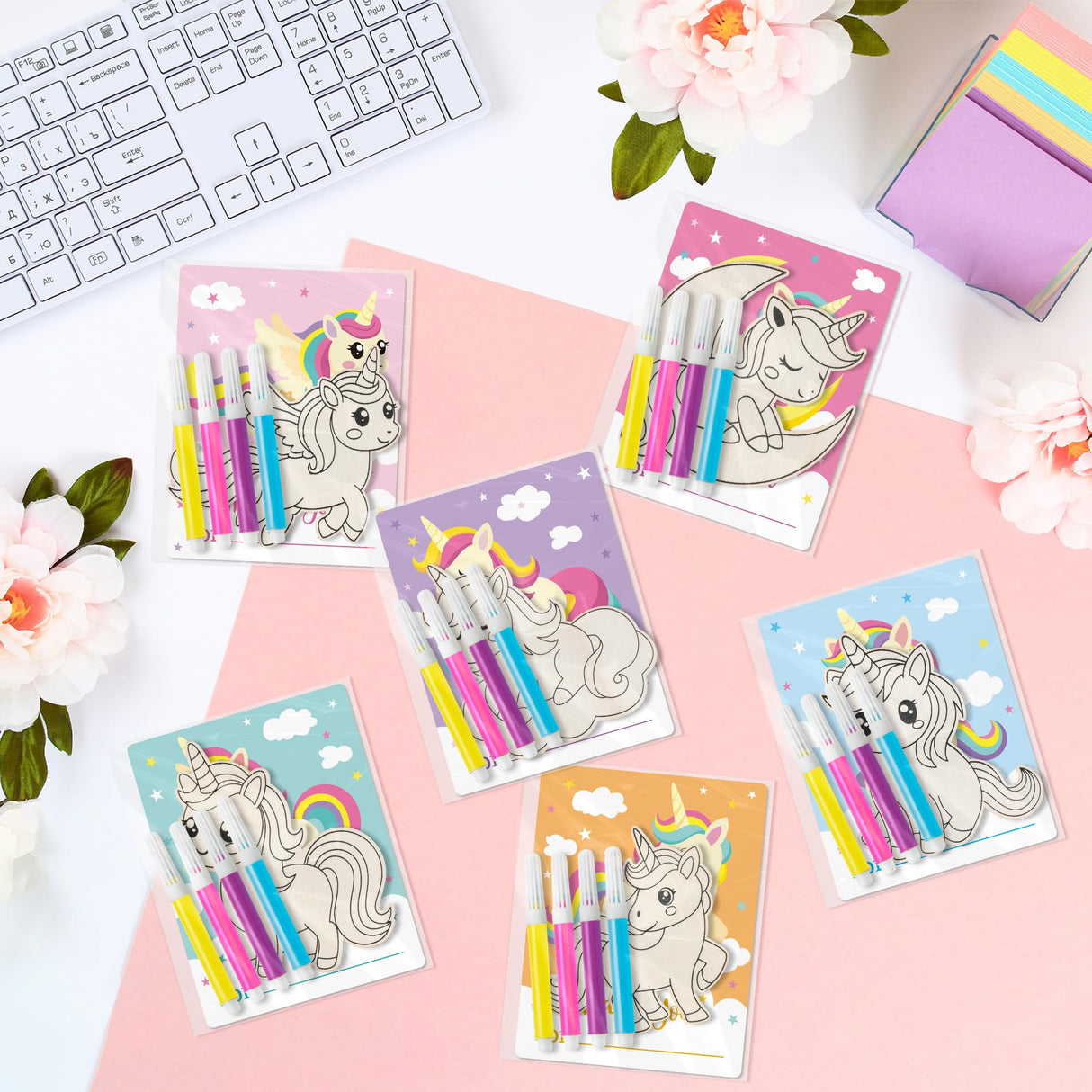 WATINC Wooden Painting Mother's Day Thank You Gifts - 24Pcs Unfinished Blank Wooden Cutouts for Kids, 6 Styles Wood Cutouts Ornament with Thanks Cards,DIY Your Own Party Favors Set (Unicorn WATINC