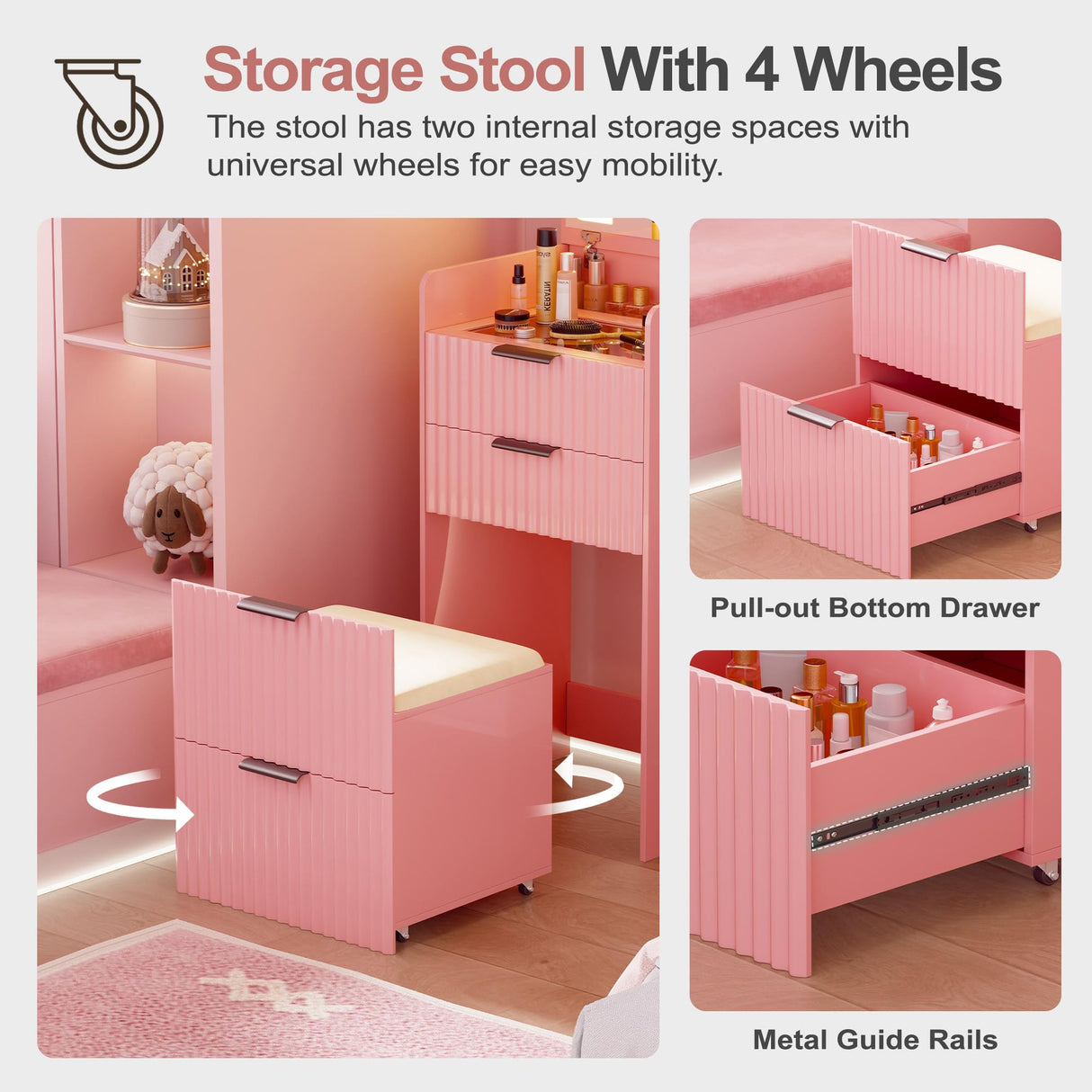 Lvifur 3 in 1 Small Vanity Desk with Plip Top Mirror,Makeup Vanity Set with Visible Glass Desktop,Compact Vanity with 3 Drawers,Storage Compartment and Padded Stool,Dressing Table for Bedroom,Pink Lvifur