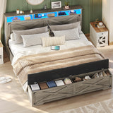 Hasuit Queen Size Bed Frame with Storage Ottoman, Farmhouse Bed Frame with Charging Station and Led Light, Headboard with Storage Rack, Metal Slats, No Noise Design, No Box Spring Needed,Oak Grey Hasuit