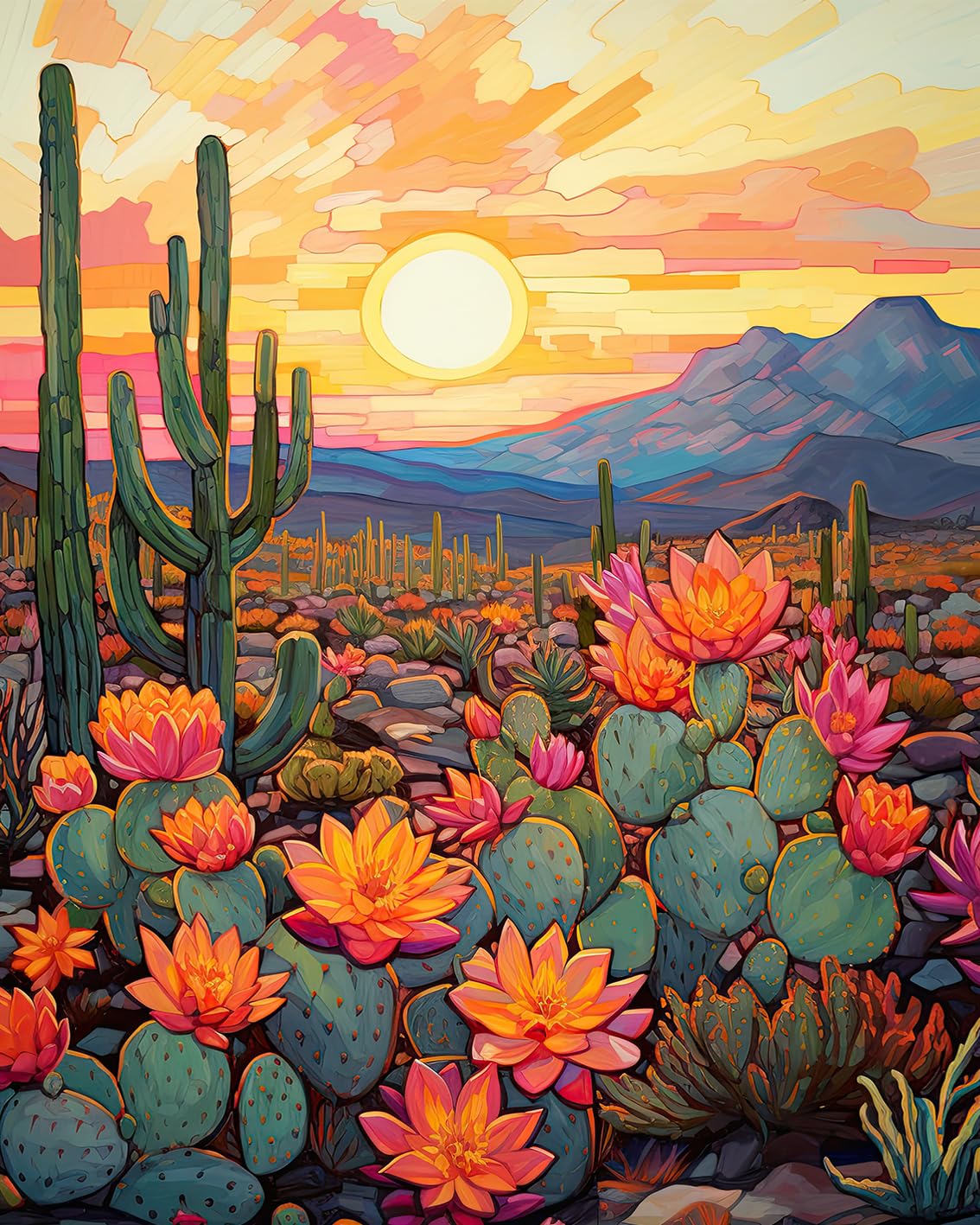 TUMOVO Adult Paint by Numbers Kits Desert Cactus Canvas Oil Painting Sunset in The Desert DIY Paint by Number for Adults Paint by Number Kits Drawing Paintwork - 16"x20", Frameless(Cactus Flower) TUMOVO