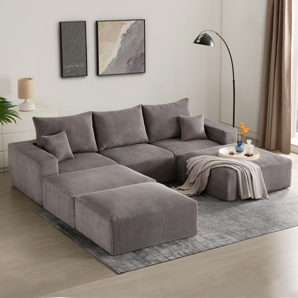Sectional Modern Sleeper Sofa Couches for Living Room-113'' Grey 3 Seater U-Shaped Lounge Cloud Couch-No Assembly Modular Corduroy Convertible Sponge Compression Sofas with Chaise for Home House Living&Giving
