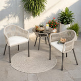 Greesum Rope Woven Patio Furniture 3-Piece Outdoor Wicker Bistro Set for Backyard Porch with Thick Cushions & Glass Table, Gray Greesum