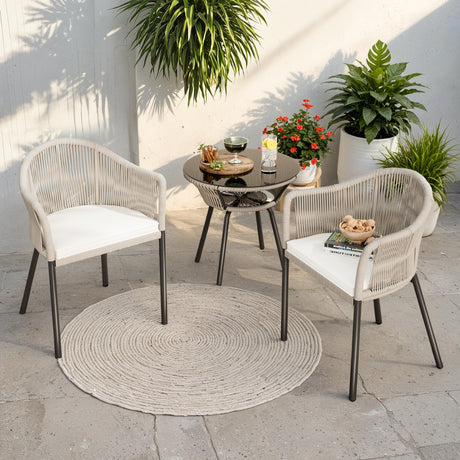 Greesum Rope Woven Patio Furniture 3-Piece Outdoor Wicker Bistro Set for Backyard Porch with Thick Cushions & Glass Table, Gray Greesum